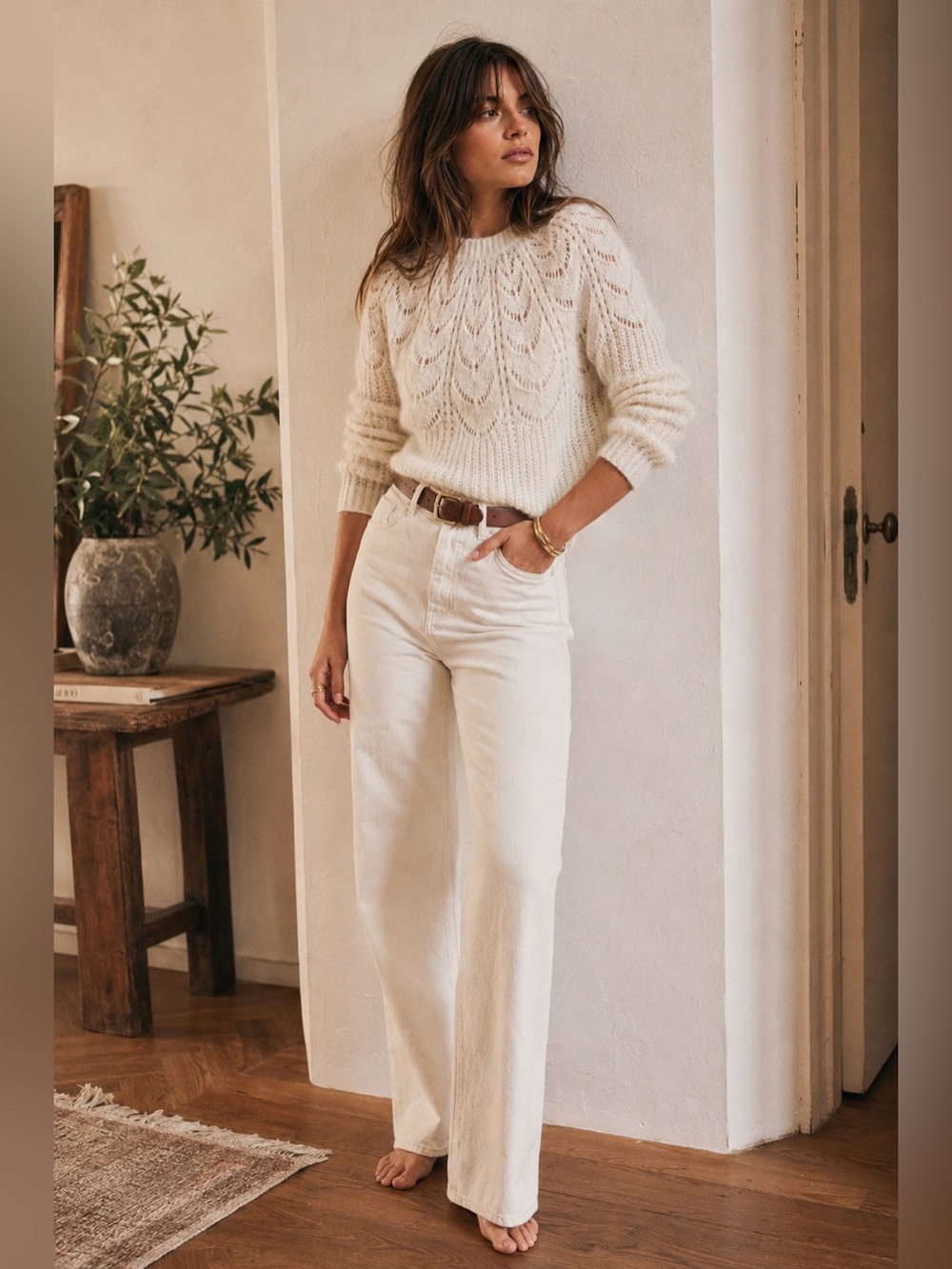 Sézane Paulin Sweater XS Ivory Kid Mohair Merino Wool Openwork Pointelle Knit